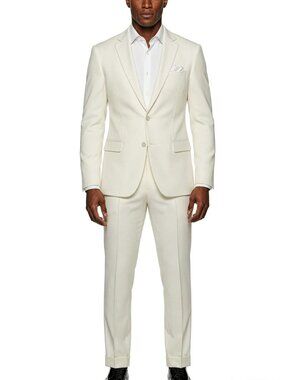 Ivory Textured Knit Notch Lapel Cuffed Bottoms 2 Piece Men's Suit